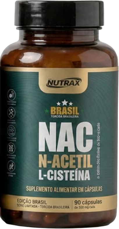 Pote de suplemento alimentar NAC N-Acetil L-Cisteína da marca Nutrax, embalagem escura com rótulo verde, focado em ação antioxidante e imunidade.