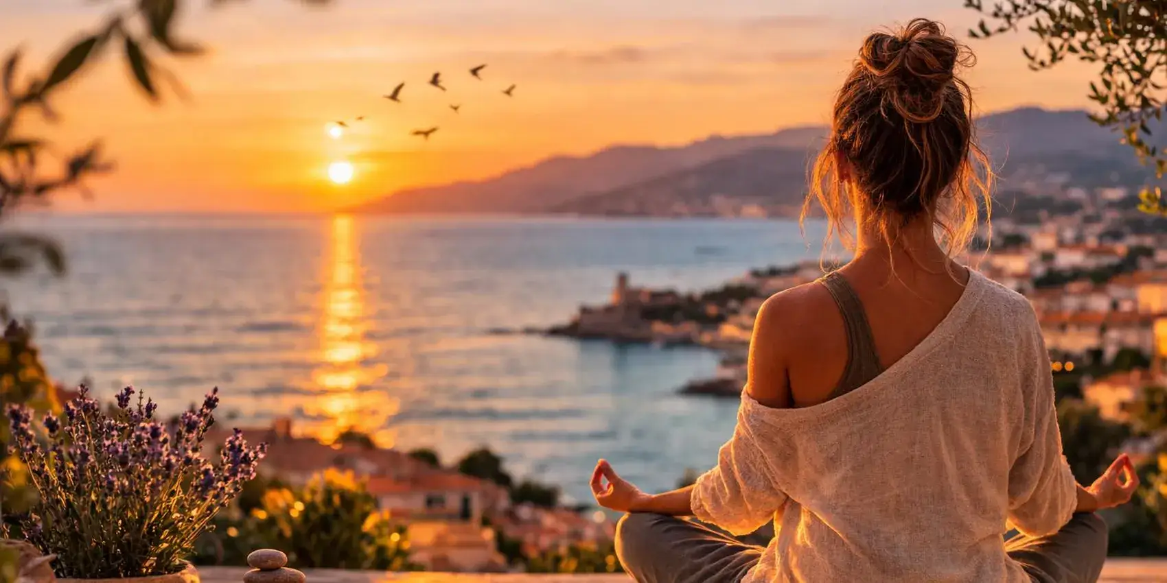 Mulher meditando à beira-mar durante o pôr do sol