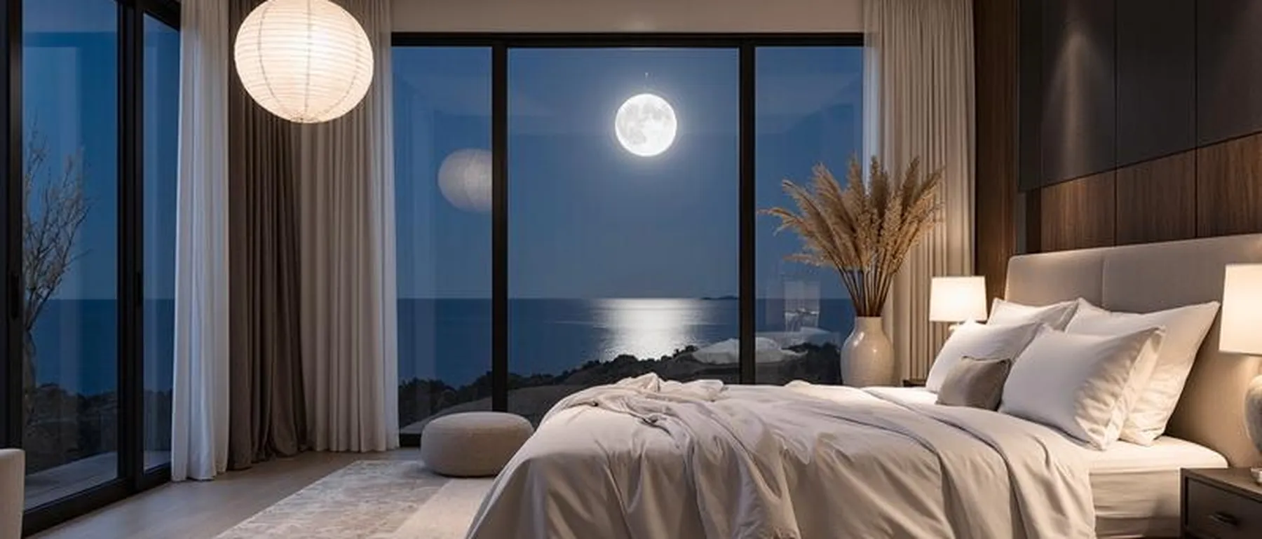 Quarto tranquilo à noite com vista para o mar e a lua