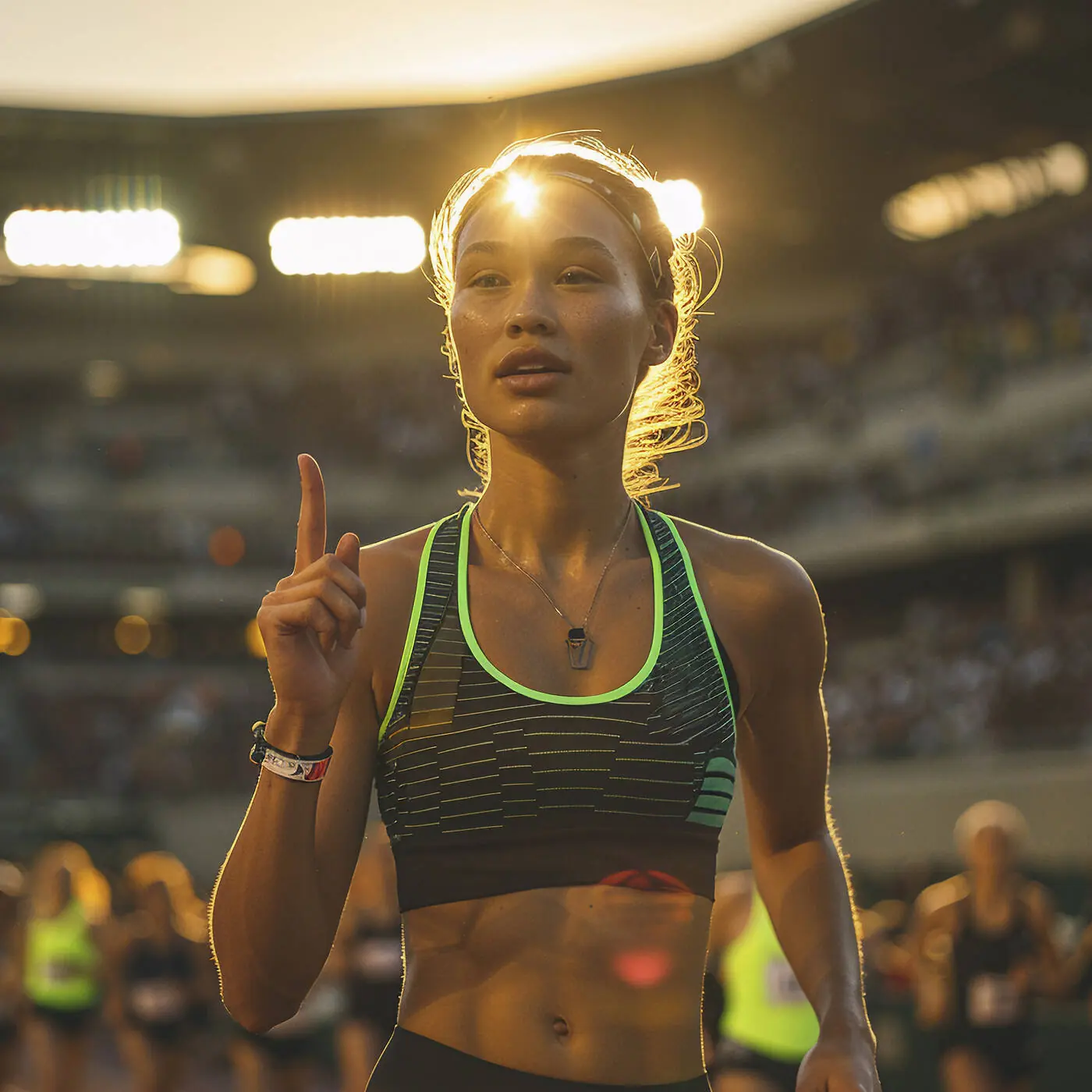 Atleta comemorando em estádio, alta performance