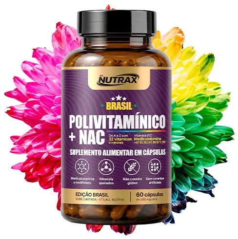 Frasco Polivitamínico + NAC Allnutrax, 60 cápsulas, com flor colorida ao fundo representando as 22 vitaminas