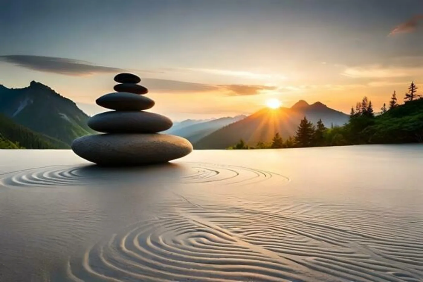 Pedras equilibradas ao entardecer, simbolizando equilíbrio entre corpo e mente