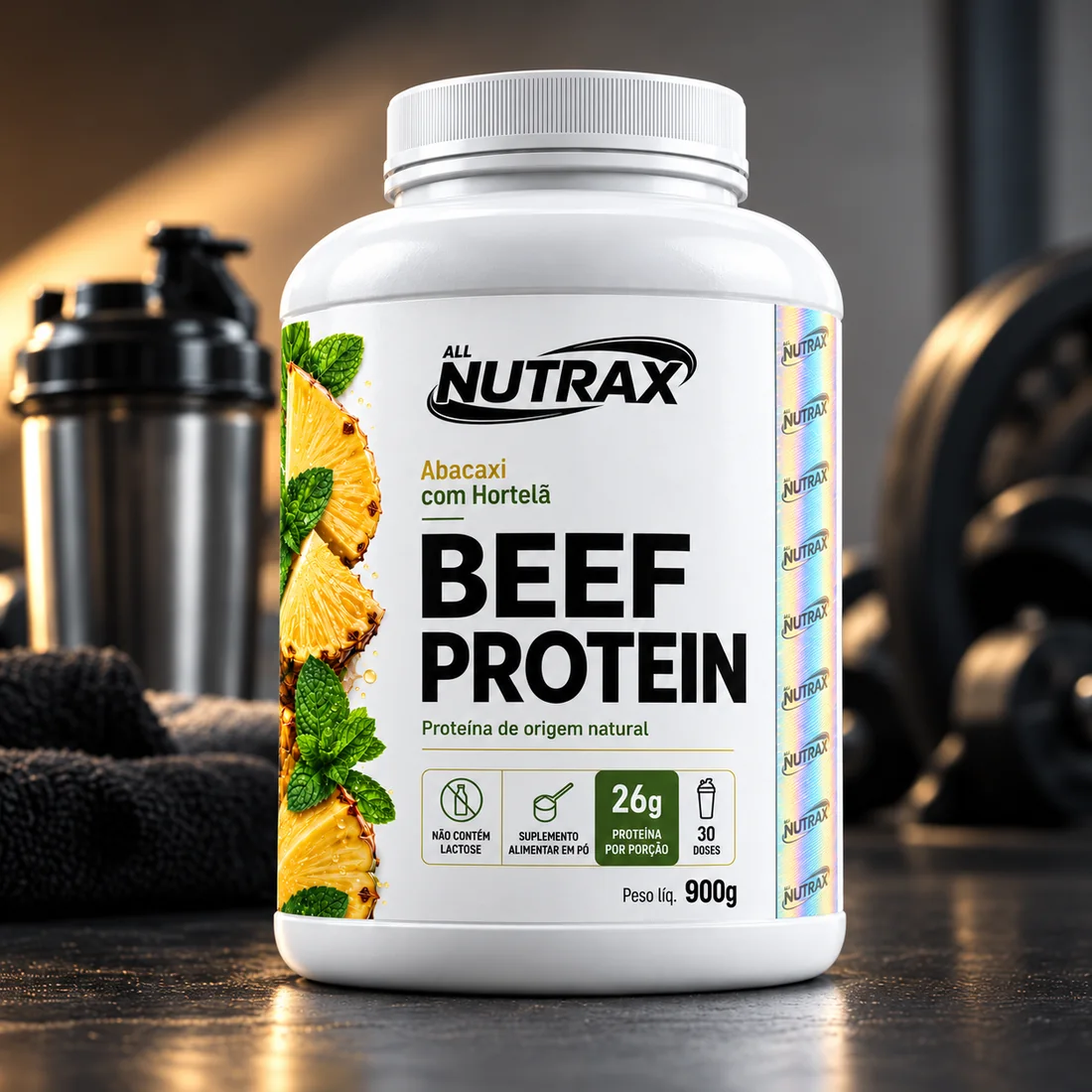 Beef Protein Abacaxi com Hortelã em ambiente de academia