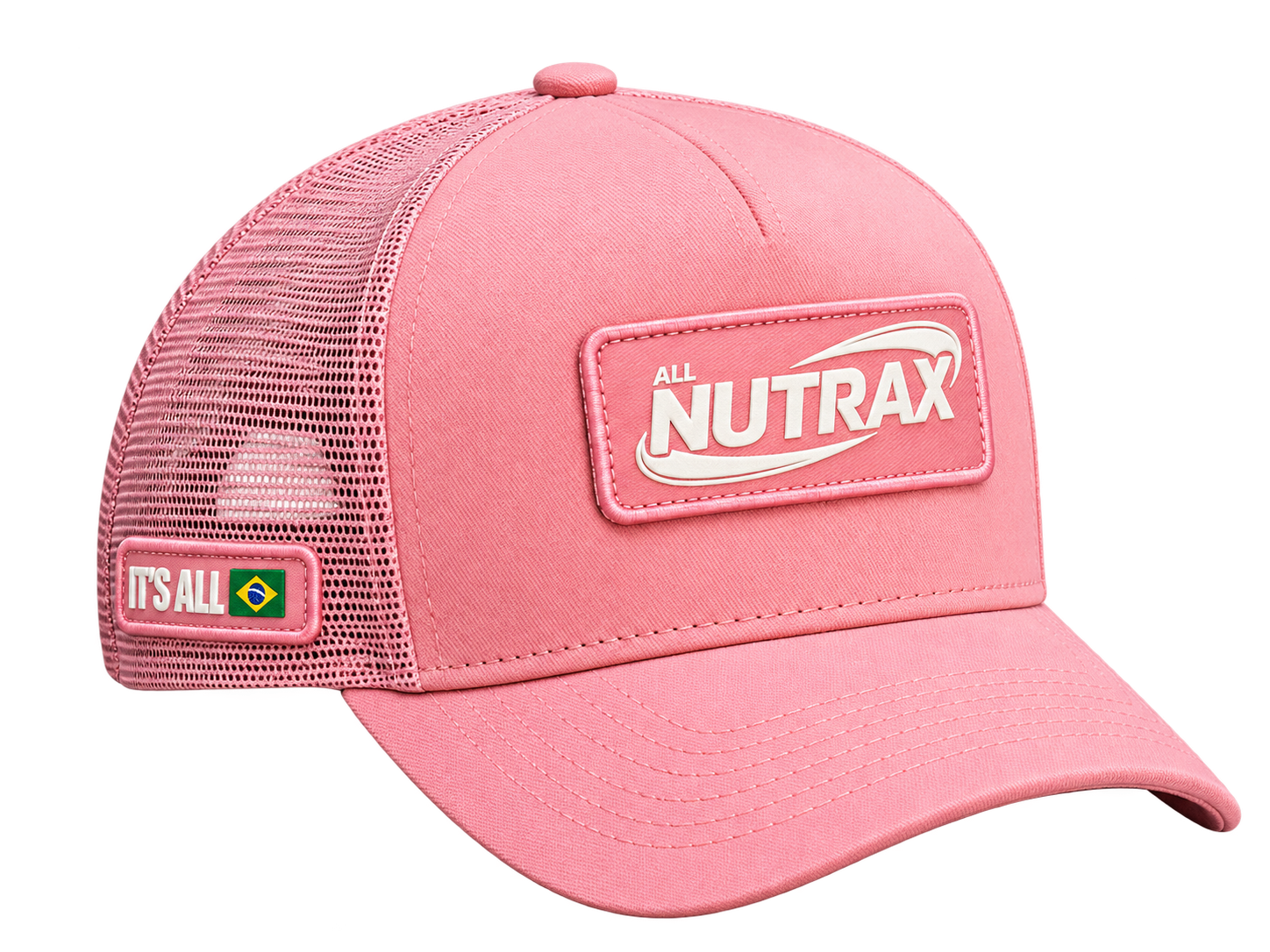 Boné rosa All Nutrax em perspectiva, com logo frontal e tela lateral