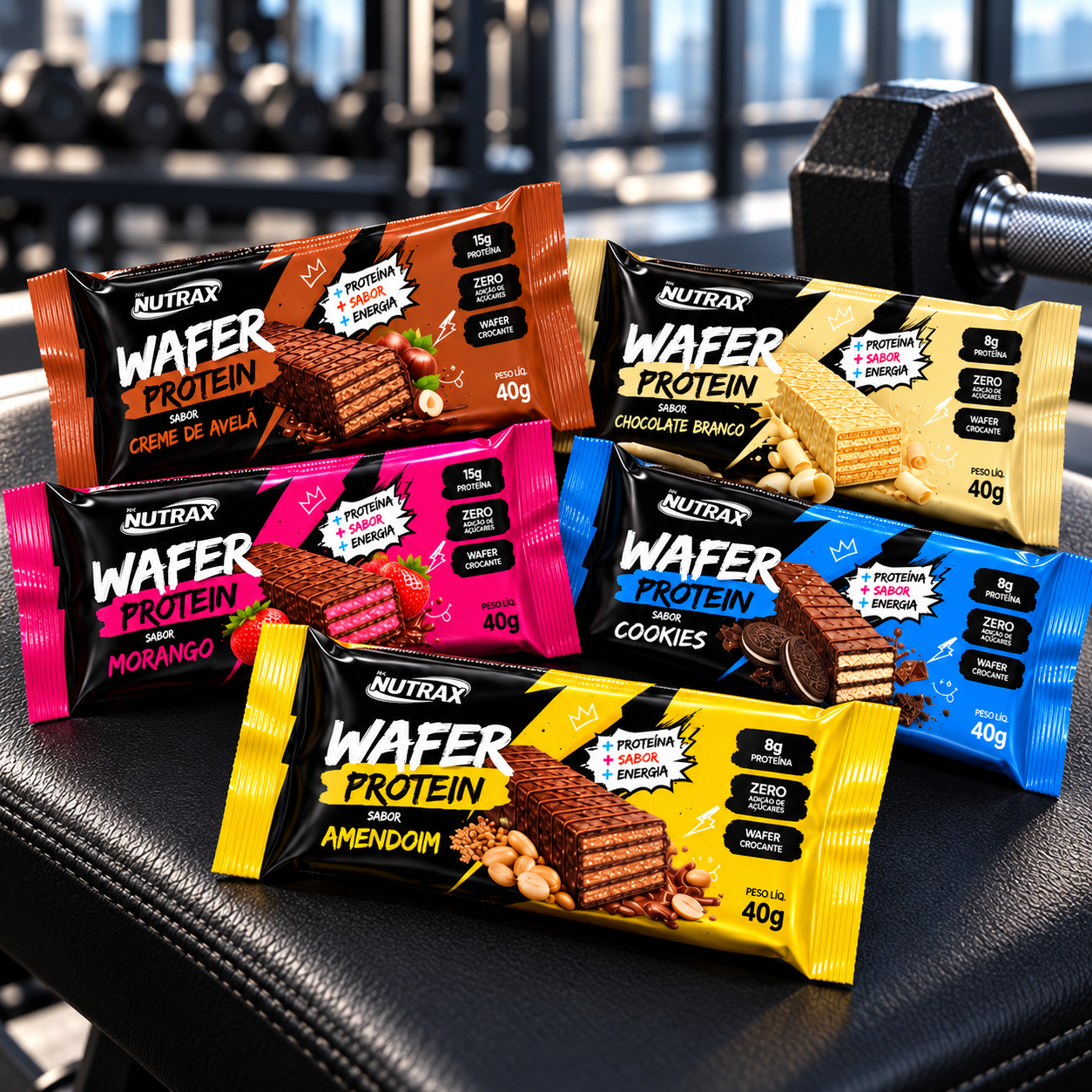 Barras Wafer Protein Nutrax em ambiente de academia
