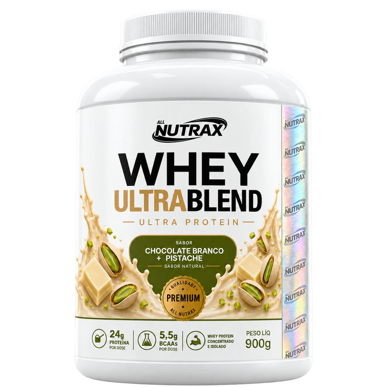 Whey Ultra Blend Allnutrax sabor Chocolate Branco e Pistache, embalagem 900 g